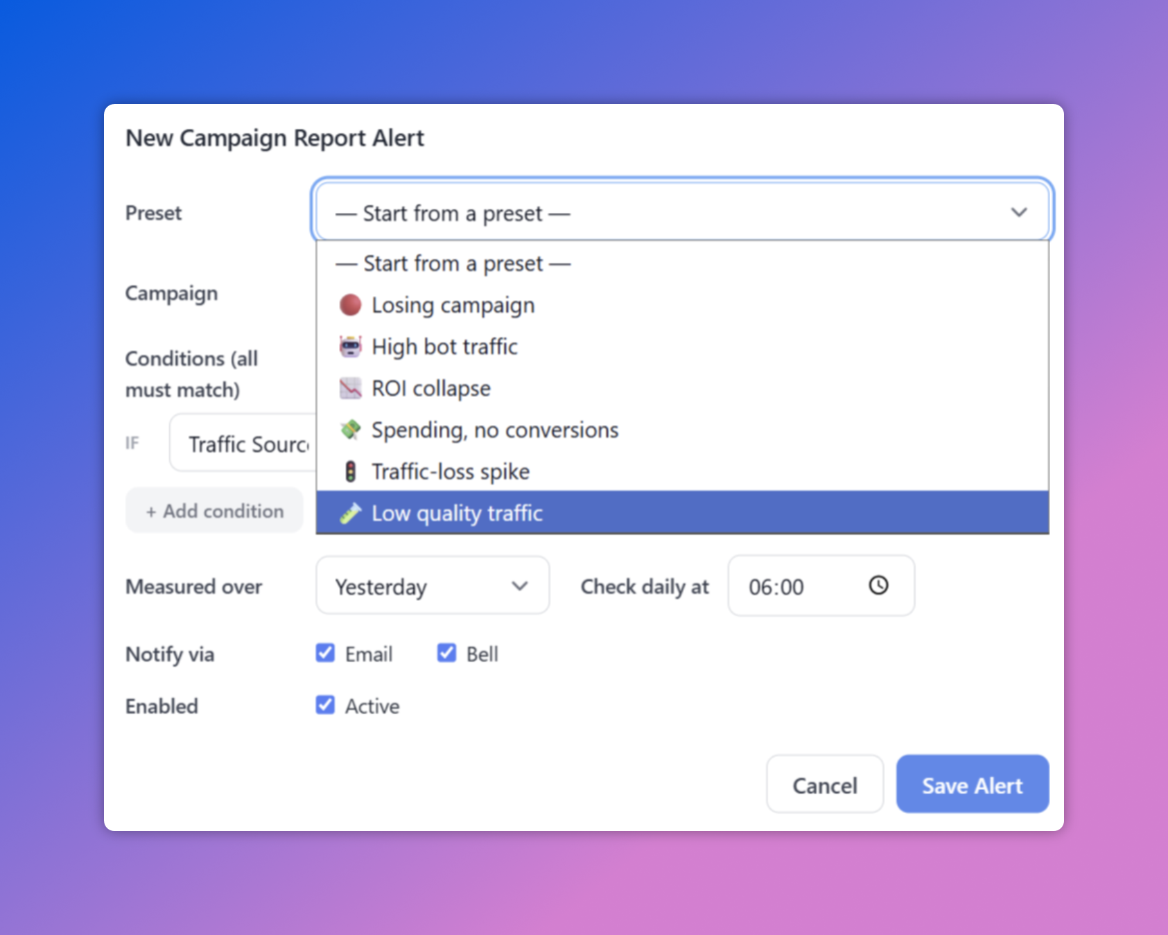 New Campaign Report Alert — presets, conditions, schedule, and email & bell notifications