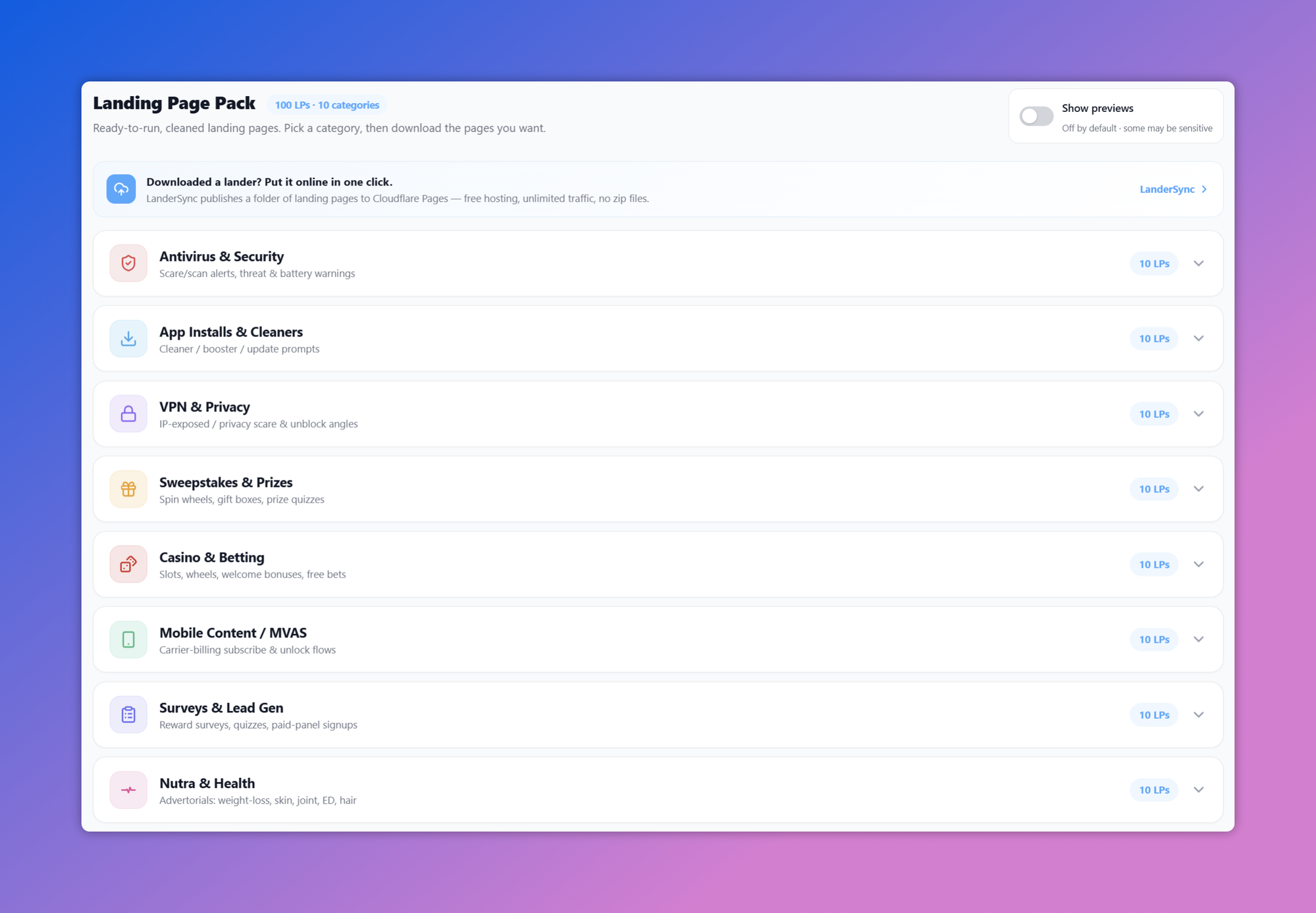 Landing Page Pack — 100 landing pages across 10 categories, each with a preview and download